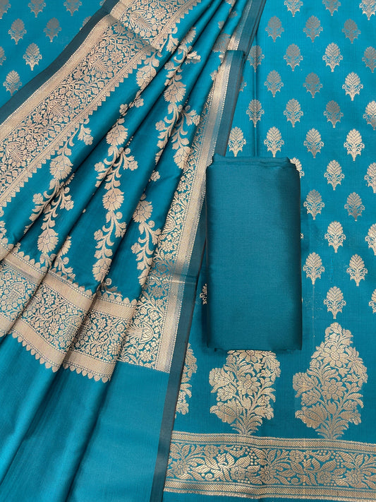 Turqouise Blue Katan Silk Zari Border Banarasi 3 pcs Suit Set 800JD_KB2