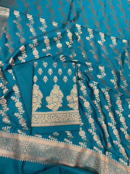 Turqouise Blue Katan Silk Zari Border Banarasi 3 pcs Suit Set 800JD_KB2