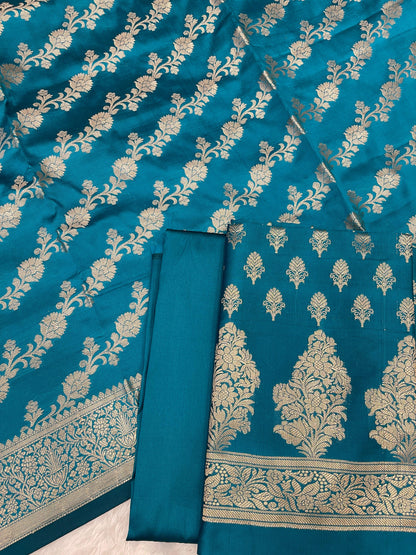 Turqouise Blue Katan Silk Zari Border Banarasi 3 pcs Suit Set 800JD_KB2