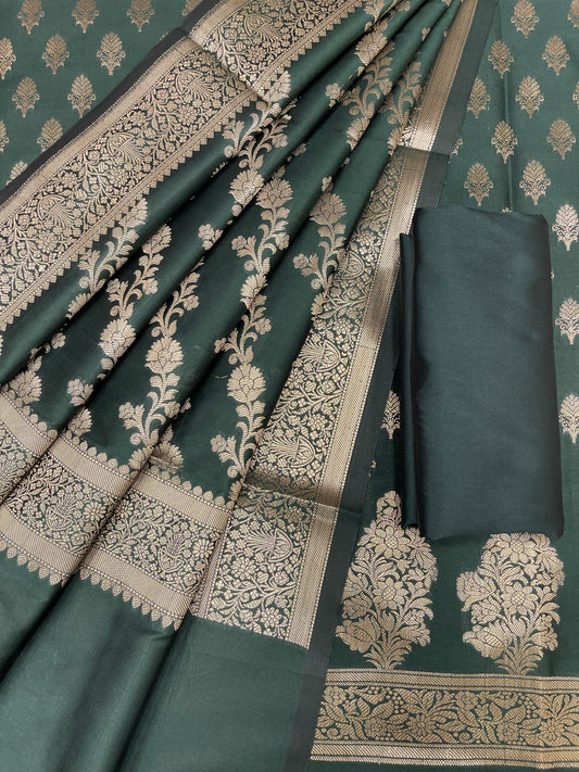 Dark Green Katan Silk Zari Border Banarasi 3 pcs Suit Set 800JD_KB5
