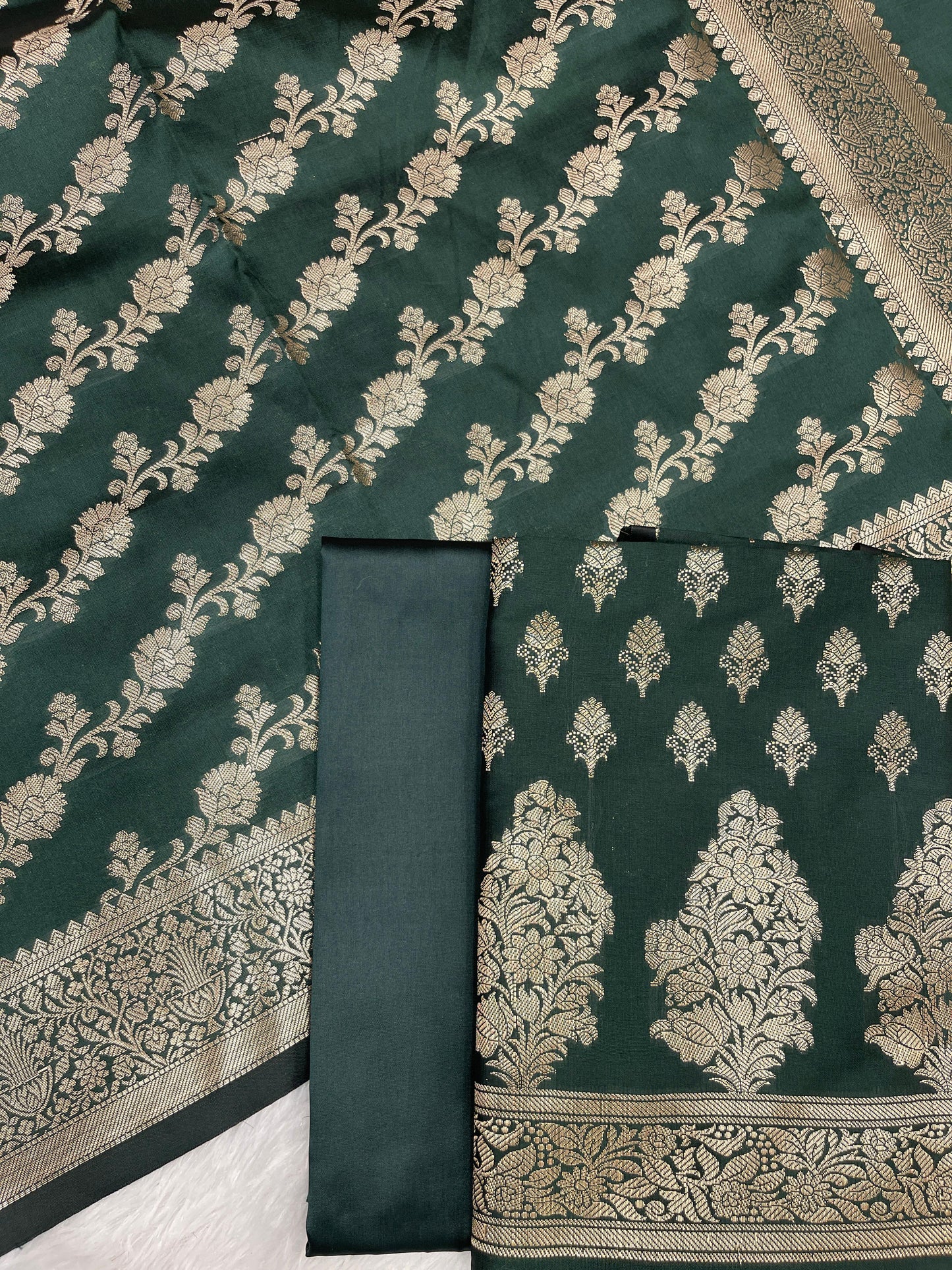 Dark Green Katan Silk Zari Border Banarasi 3 pcs Suit Set 800JD_KB5