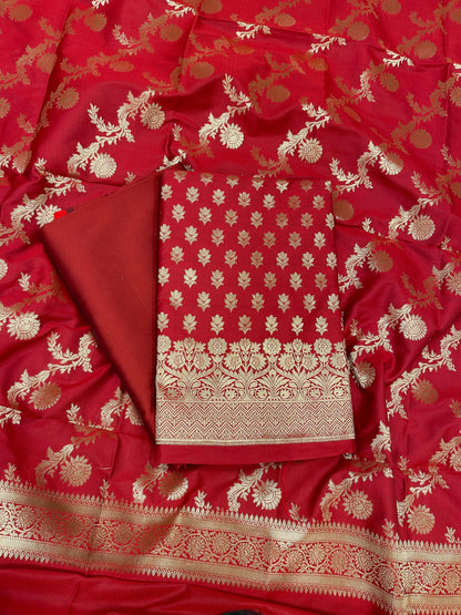Red Katan Silk Daaman Border Banarasi 3 pcs Suit Set 850JD_KBR5