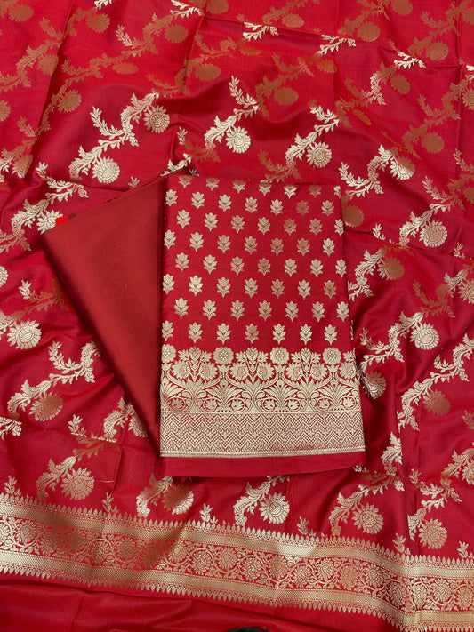 Red Katan Silk Daaman Border Banarasi 3 pcs Suit Set 850JD_KBR5