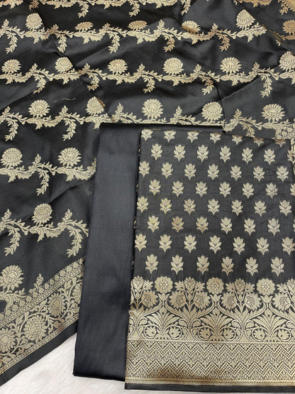 Black Katan Silk Daaman Border Banarasi 3 pcs Suit Set 850JD_KBR3