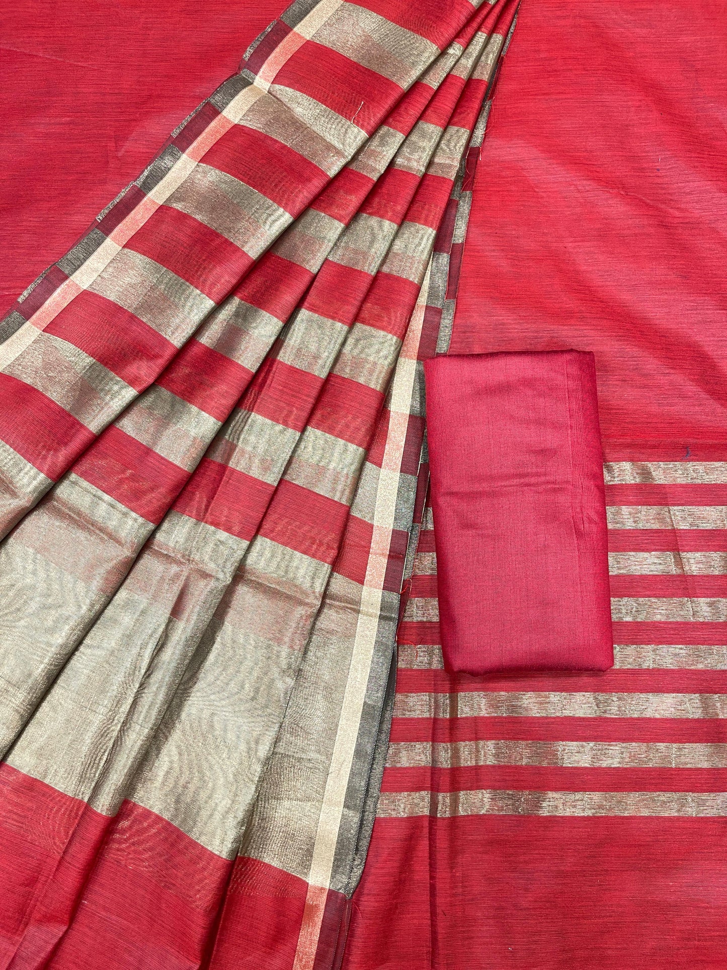 Red Cotton Silk Banarasi 3 pcs Suit Set 650JD_CS3