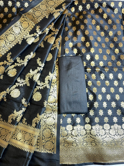Black Semi Katan Silk Banarasi 3 pcs Suit Set 750SHL_SK8