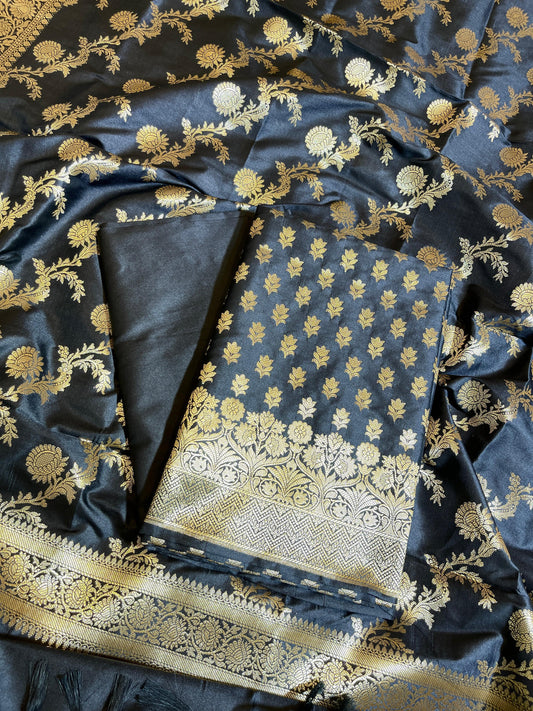Black Semi Katan Silk Banarasi 3 pcs Suit Set 750SHL_SK8
