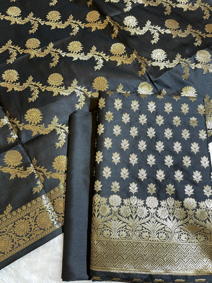 Black Semi Katan Silk Banarasi 3 pcs Suit Set 750SHL_SK8