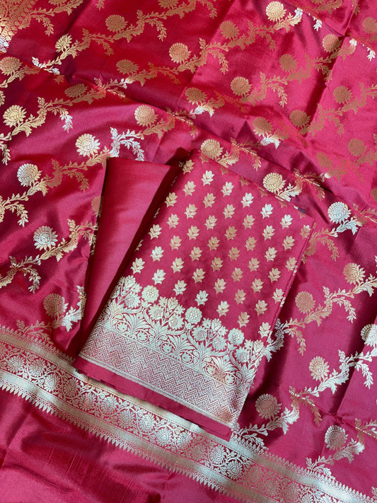 Red Semi Katan Silk Banarasi 3 pcs Suit Set 750SHL_SK9