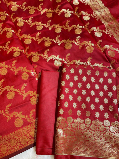 Red Semi Katan Silk Banarasi 3 pcs Suit Set 750SHL_SK9