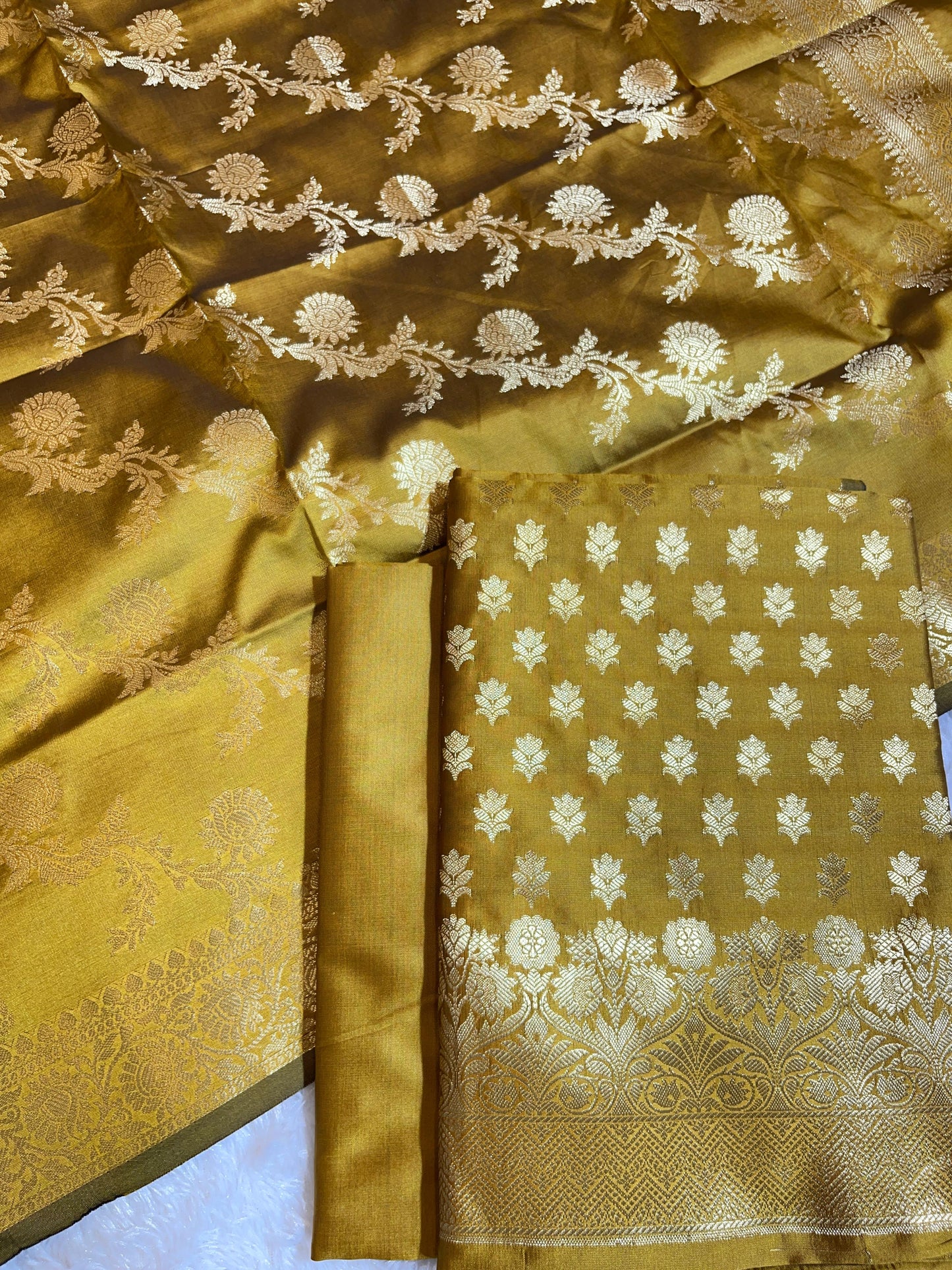 Mustard Yellow Semi Katan Silk Banarasi 3 pcs Suit Set 750SHL_SK11