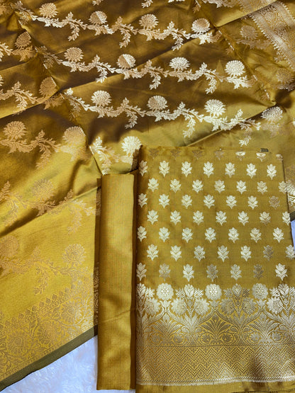 Mustard Yellow Semi Katan Silk Banarasi 3 pcs Suit Set 750SHL_SK11