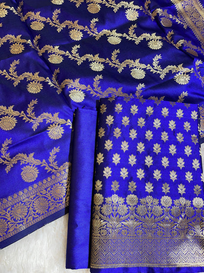 Dark Blue Semi Katan Silk Banarasi 3 pcs Suit Set 750SHL_SK13
