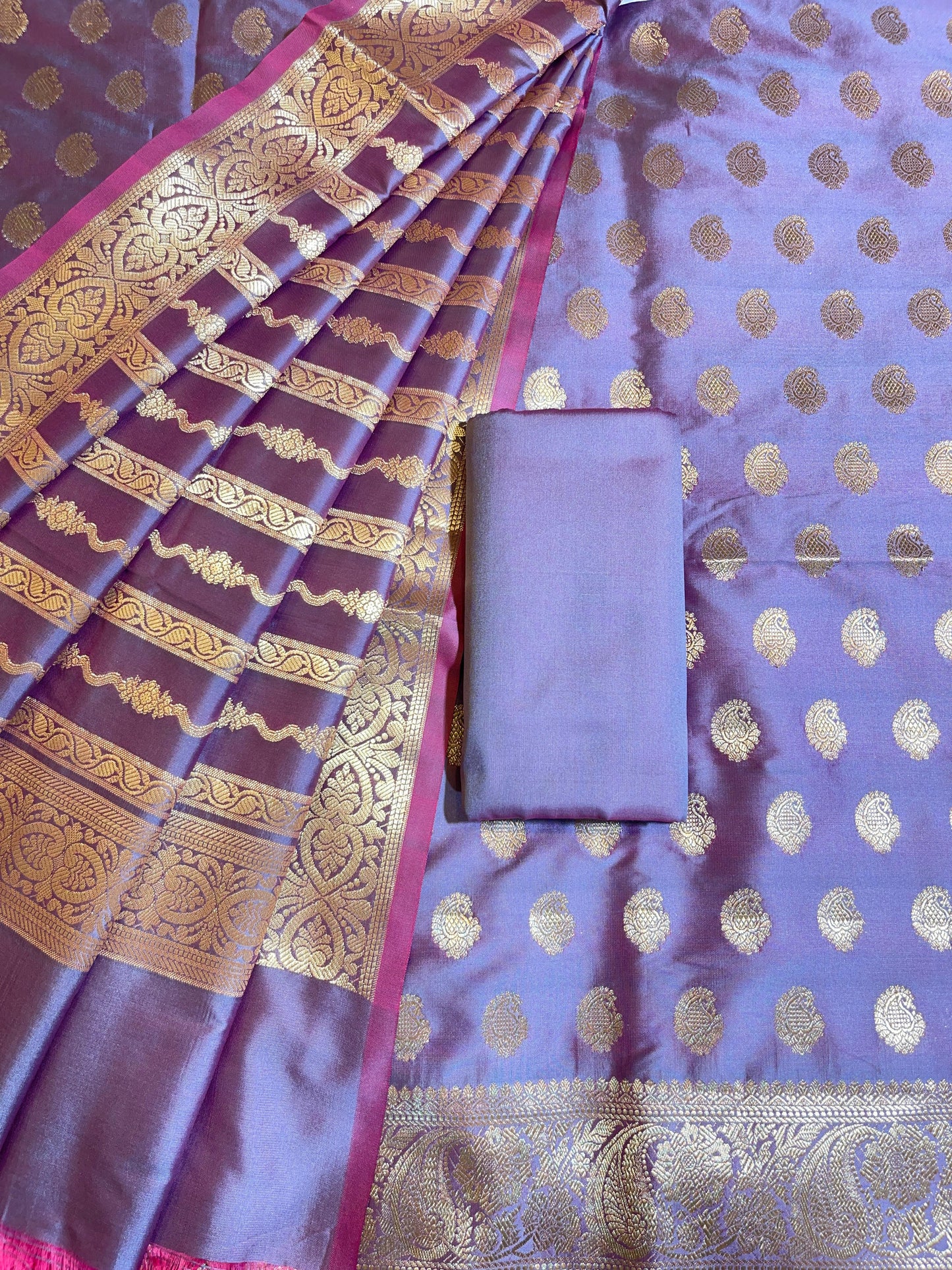 Grey Semi Katan Silk Banarasi 3 pcs Suit Set 750SHL_SK15