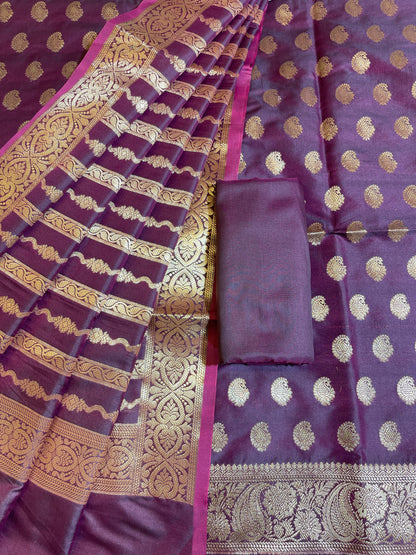 Wine Semi Katan Silk Banarasi 3 pcs Suit Set 750SHL_SK16