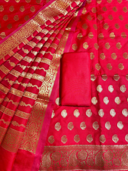 Red Semi Katan Silk Banarasi 3 pcs Suit Set 750SHL_SK18