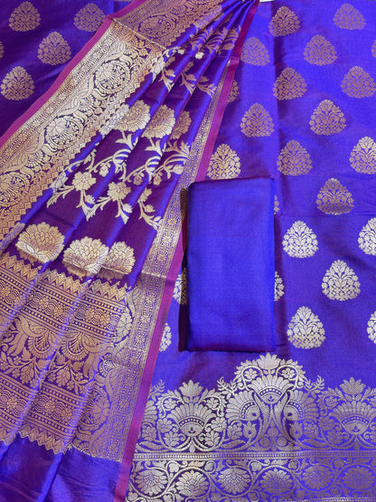 Royal Blue Semi Katan Silk Banarasi 3 pcs Suit Set 750SHL_SK21