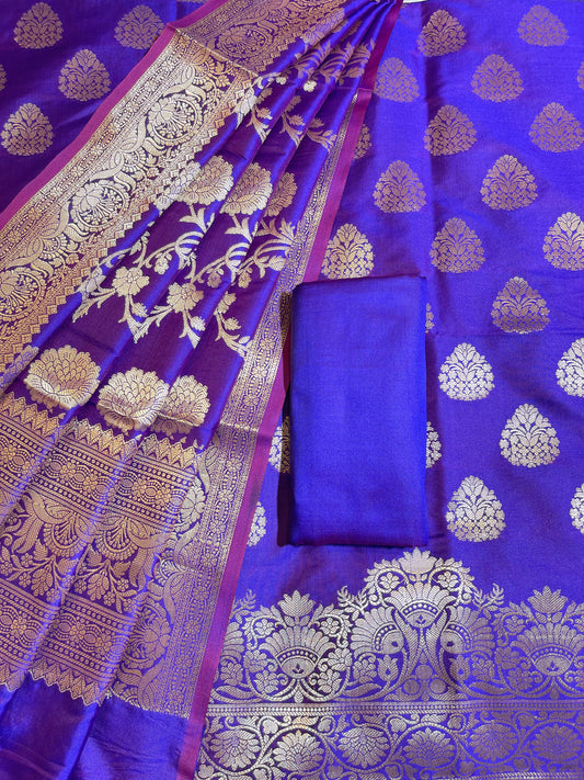 Royal Blue Semi Katan Silk Banarasi 3 pcs Suit Set 750SHL_SK21