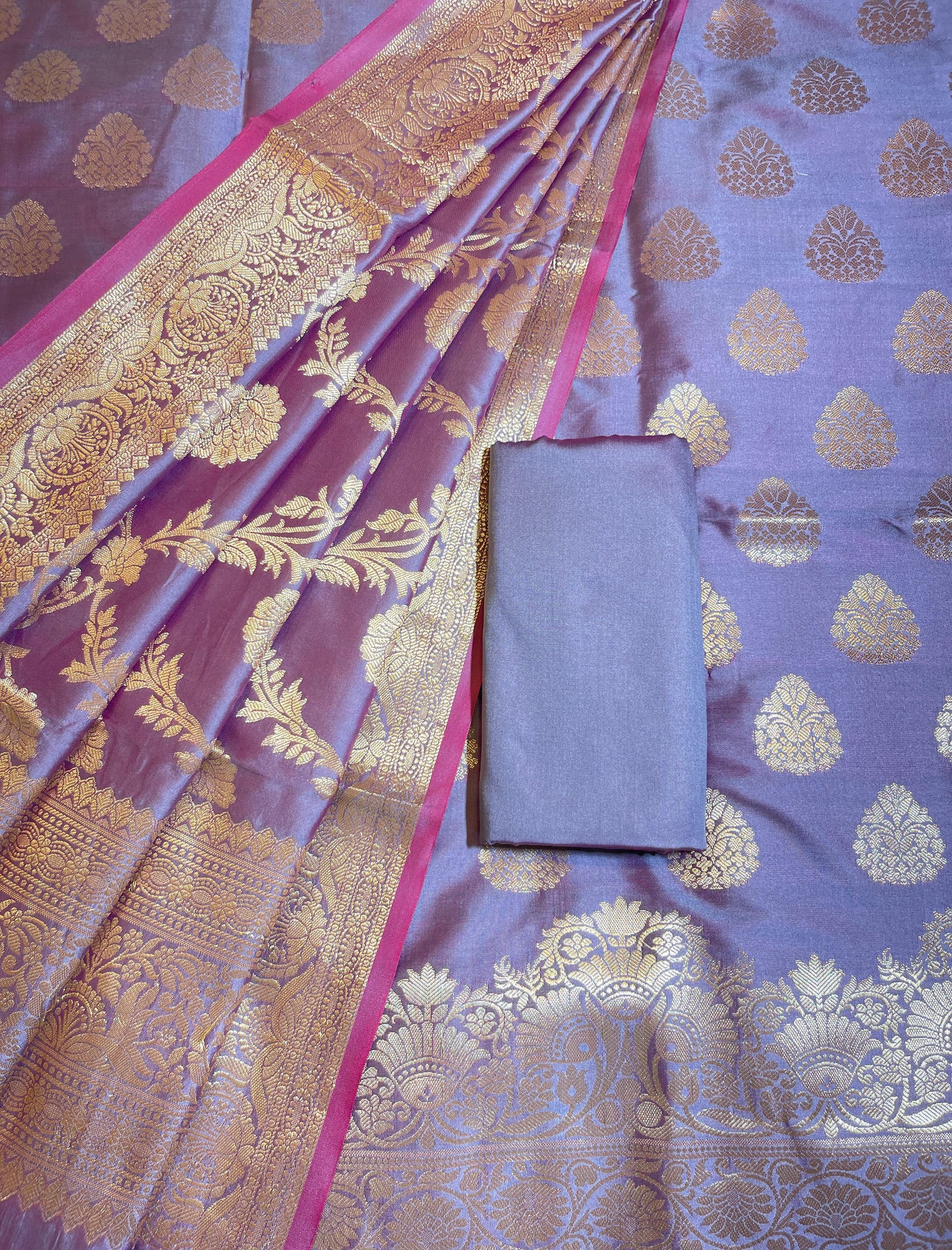 Grey Semi Katan Silk Banarasi 3 pcs Suit Set 750SHL_SK22