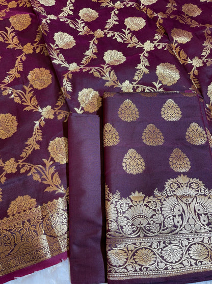Wine Semi Katan Silk Banarasi 3 pcs Suit Set 750SHL_SK24