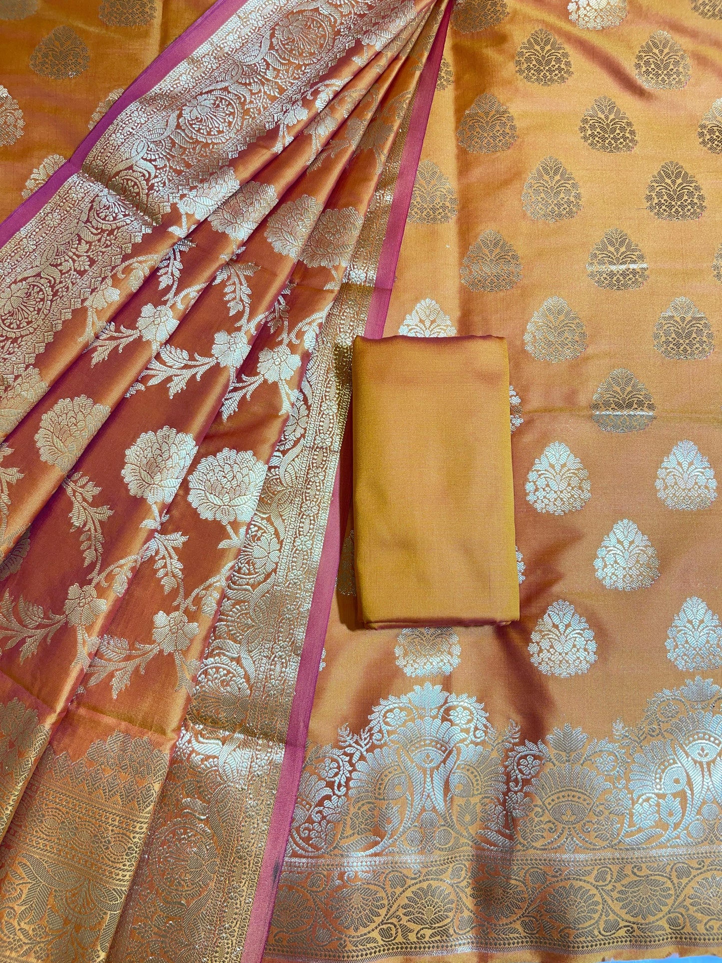 Orange Semi Katan Silk Banarasi 3 pcs Suit Set 750SHL_SK25