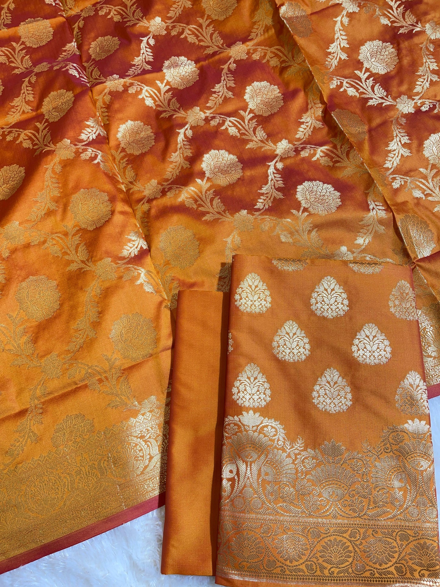 Orange Semi Katan Silk Banarasi 3 pcs Suit Set 750SHL_SK25