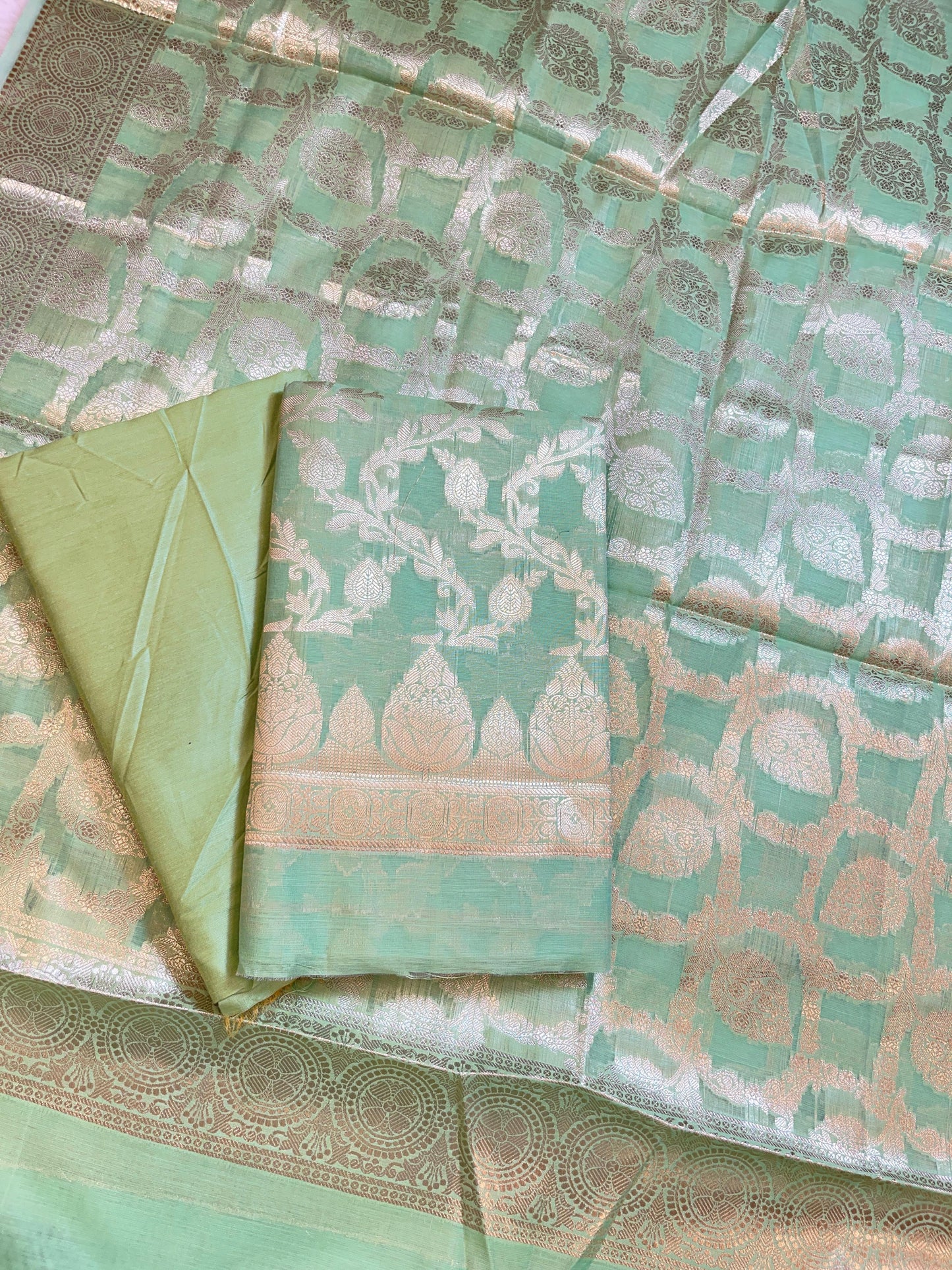 Pista Green Mercerize Cotton Silk Banarasi 3 pcs Suit Set 700SKL_MS5