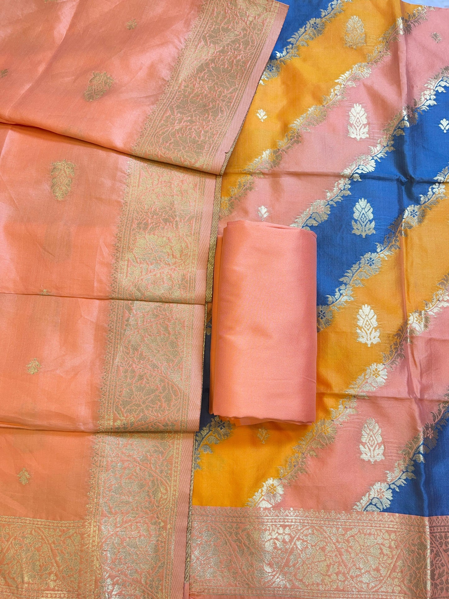 Rangkaat Art Silk Banarasi 3 pcs Suit Set  with Contrast Peach Dupatta 650SKL_RNG6