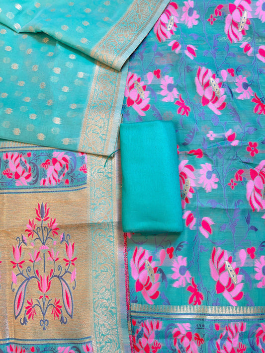Seagreen Jamdani Weave Cotton Banarasi 3 pcs Suit Set 600SKL_JM20