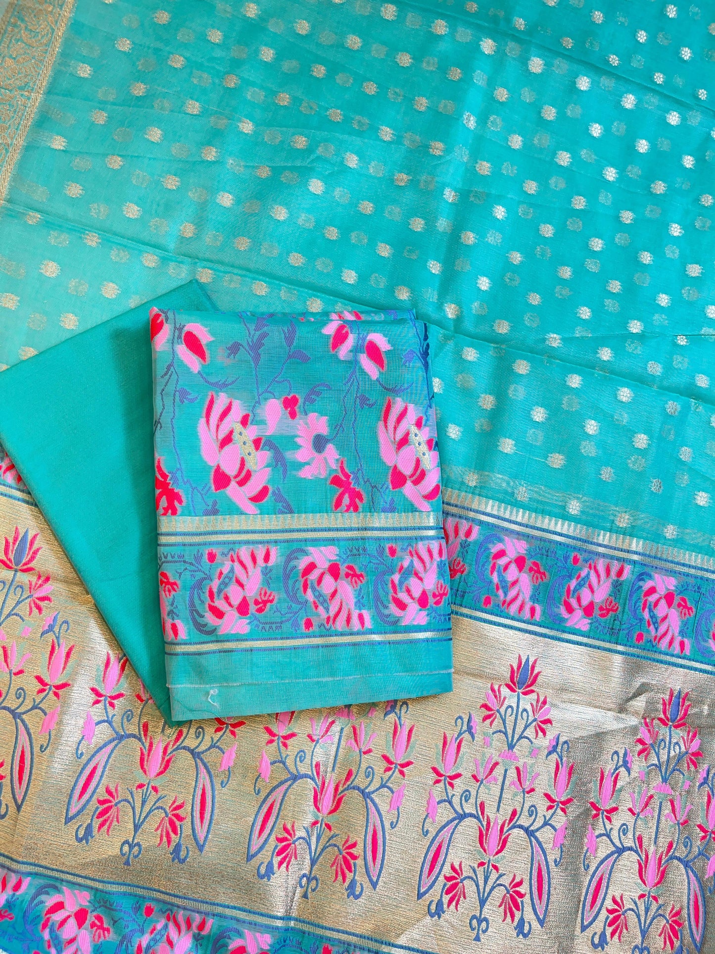 Seagreen Jamdani Weave Cotton Banarasi 3 pcs Suit Set 600SKL_JM20