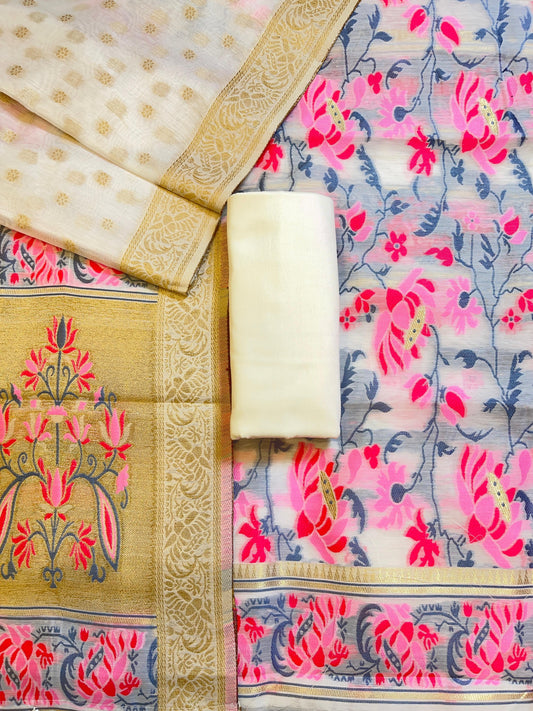 Off-white Jamdani Weave Cotton Banarasi 3 pcs Suit Set 600SKL_JM21