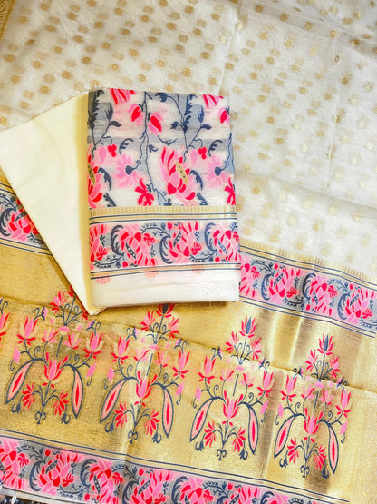 Off-white Jamdani Weave Cotton Banarasi 3 pcs Suit Set 600SKL_JM21