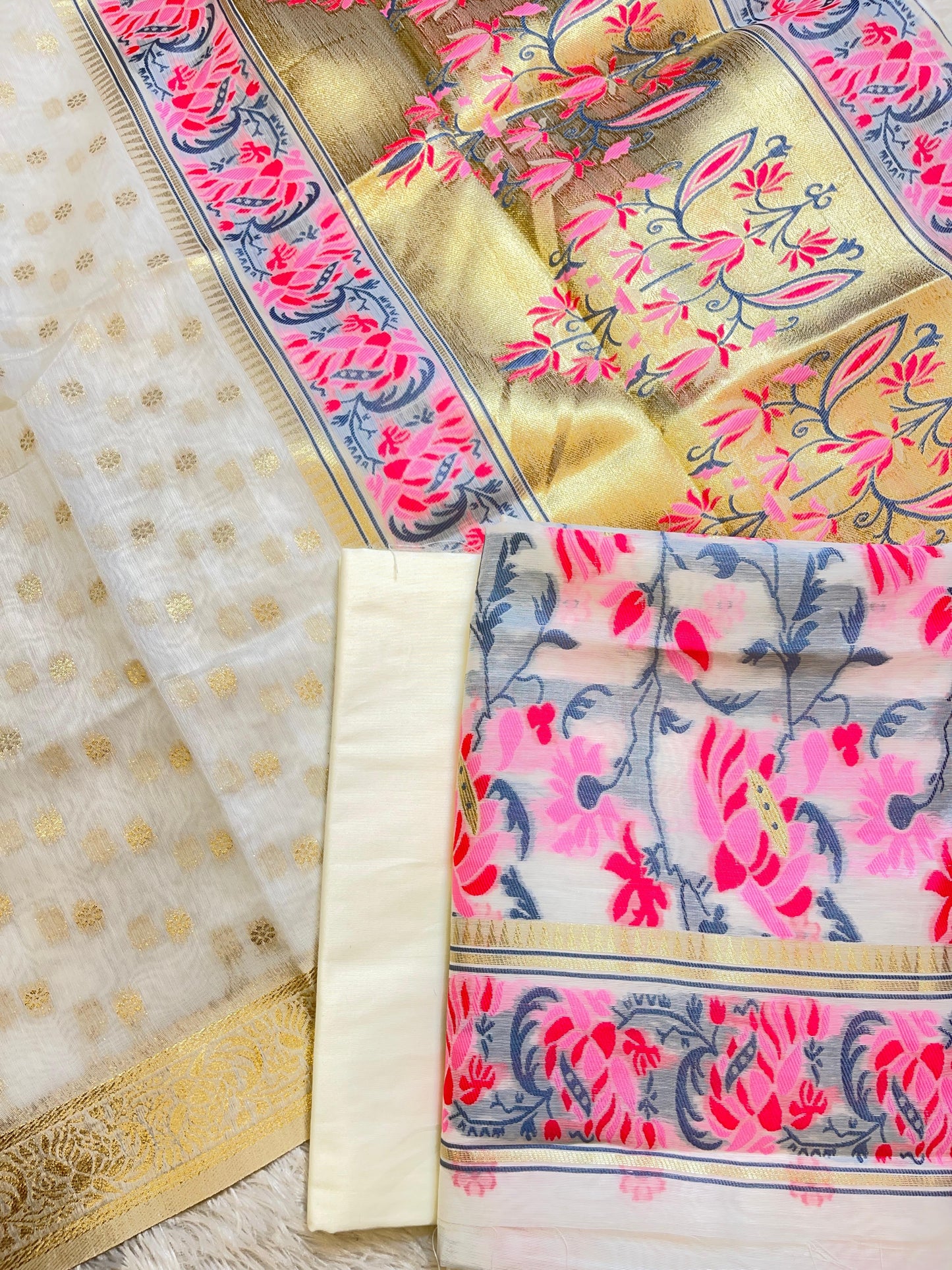 Off-white Jamdani Weave Cotton Banarasi 3 pcs Suit Set 600SKL_JM21
