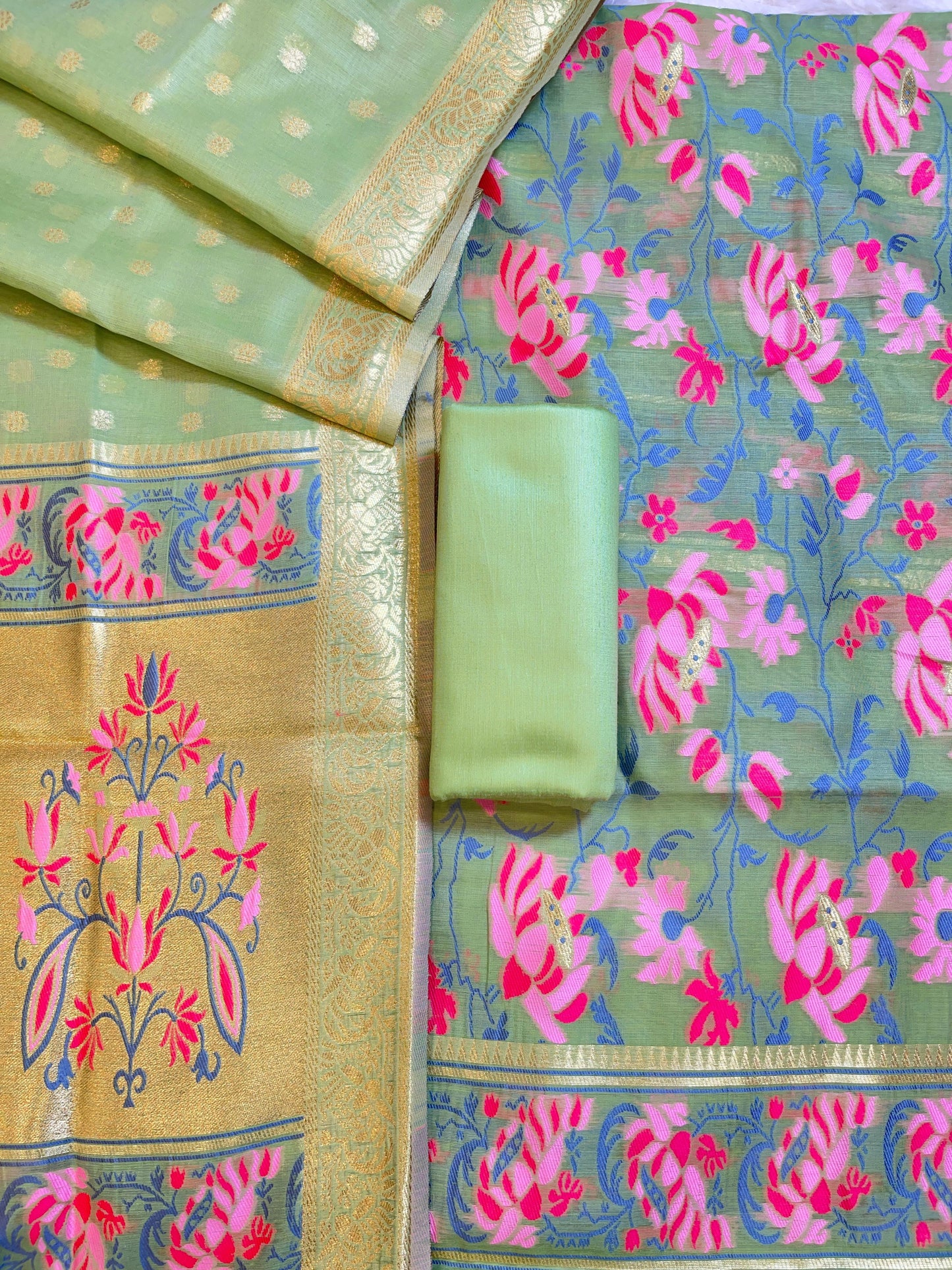 Green Jamdani Weave Cotton Banarasi 3 pcs Suit Set 600SKL_JM22