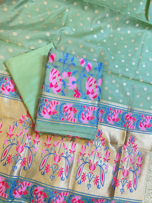 Green Jamdani Weave Cotton Banarasi 3 pcs Suit Set 600SKL_JM22