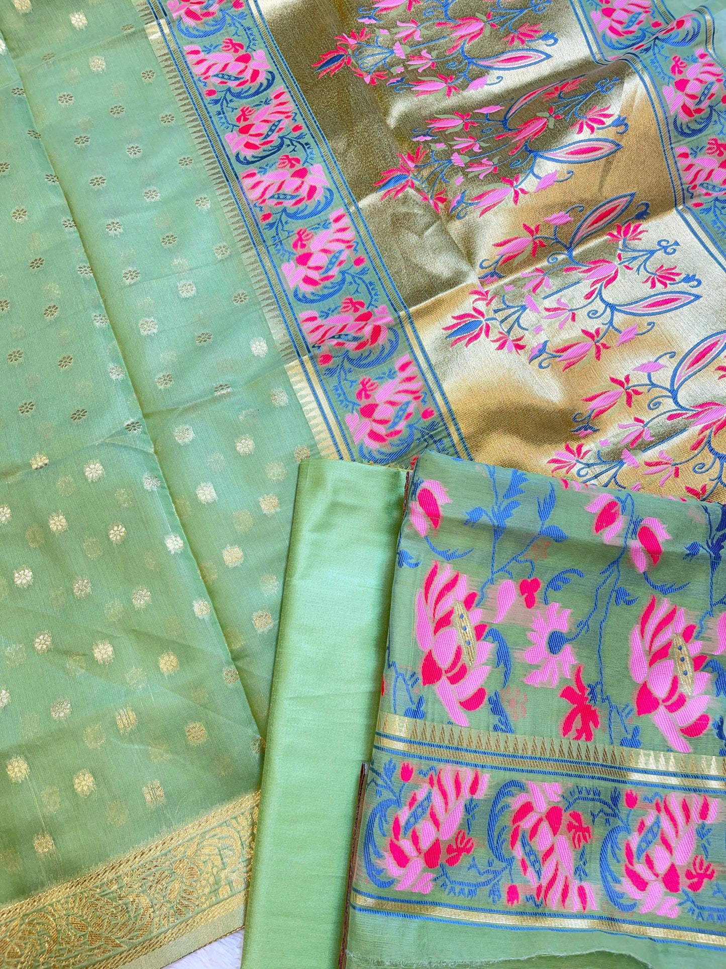 Green Jamdani Weave Cotton Banarasi 3 pcs Suit Set 600SKL_JM22