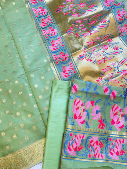 Green Jamdani Weave Cotton Banarasi 3 pcs Suit Set 600SKL_JM22