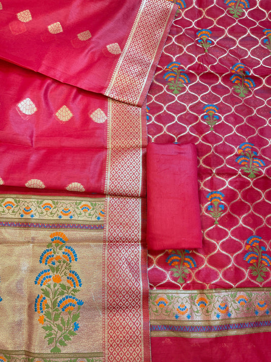 Red Jamdani Weave Cotton Banarasi 3 pcs Suit Set 600SKL_JM1