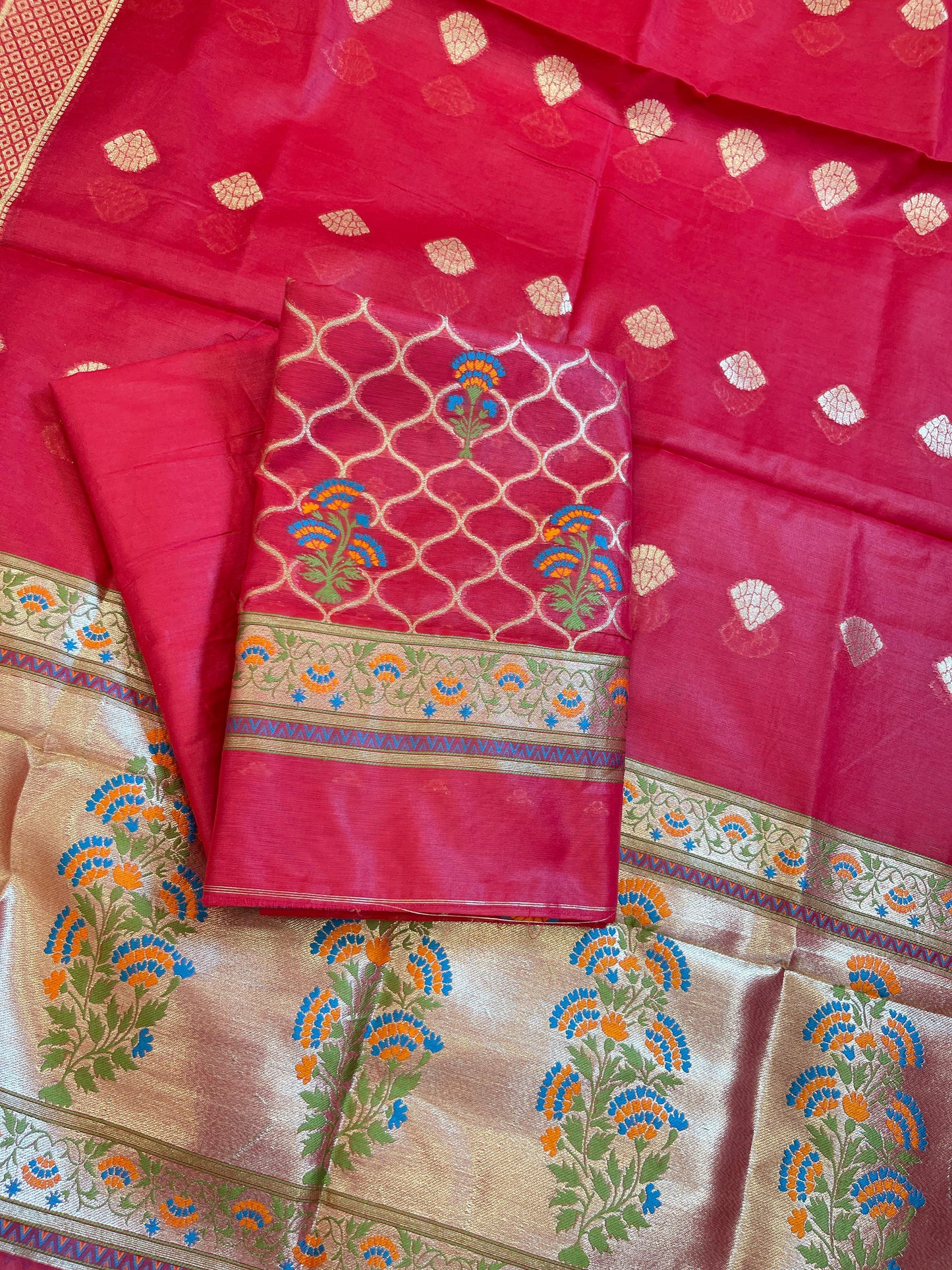 Red Jamdani Weave Cotton Banarasi 3 pcs Suit Set 600SKL_JM1