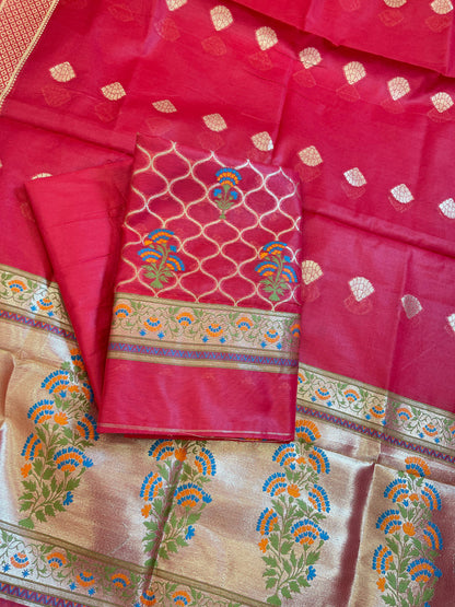 Red Jamdani Weave Cotton Banarasi 3 pcs Suit Set 600SKL_JM1