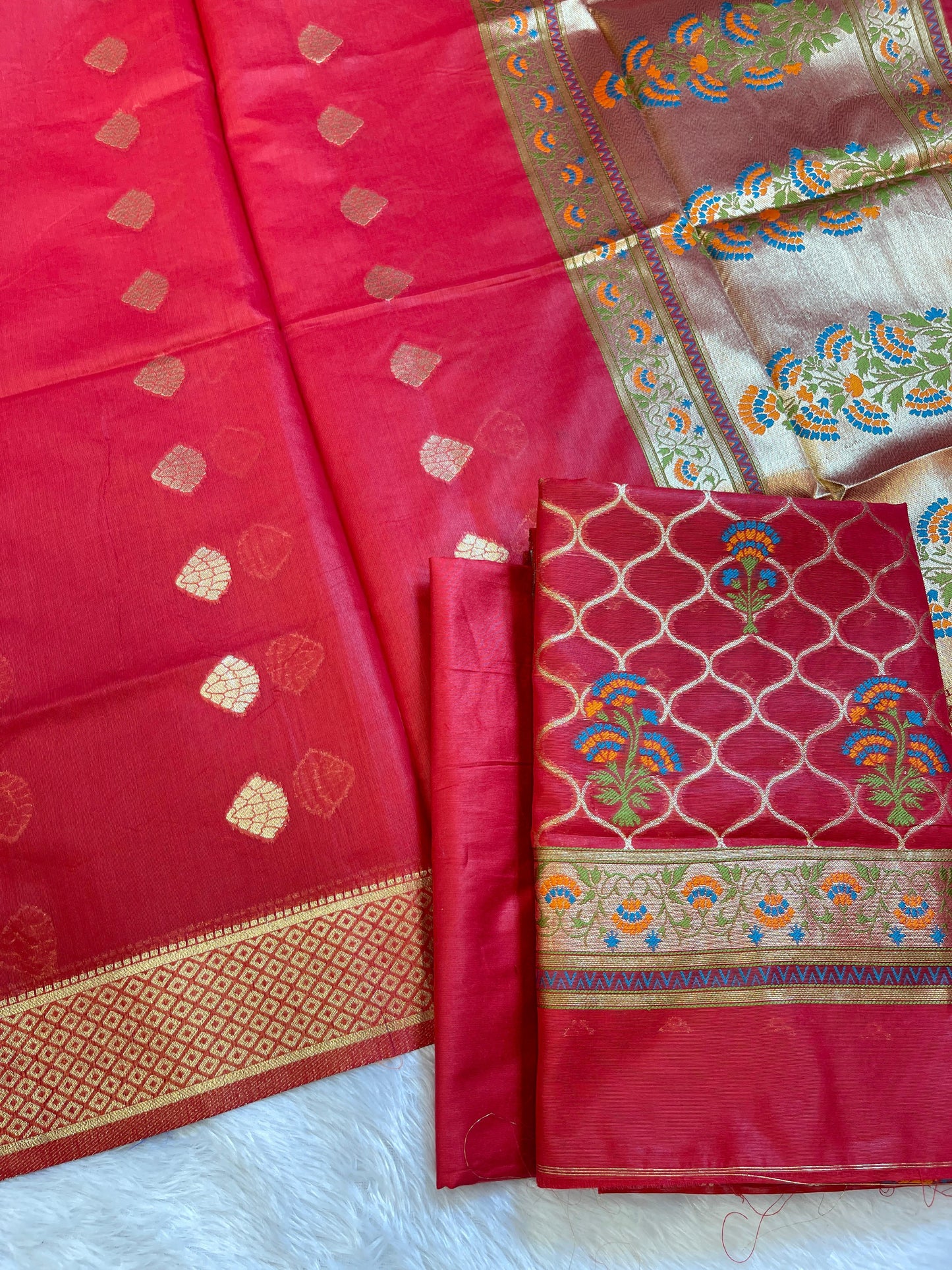 Red Jamdani Weave Cotton Banarasi 3 pcs Suit Set 600SKL_JM1