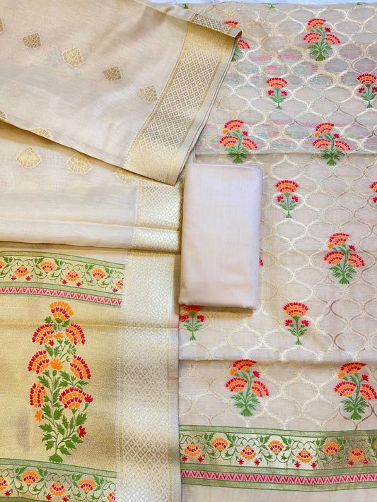 Cream Jamdani Weave Cotton Banarasi 3 pcs Suit Set 600SKL_JM2