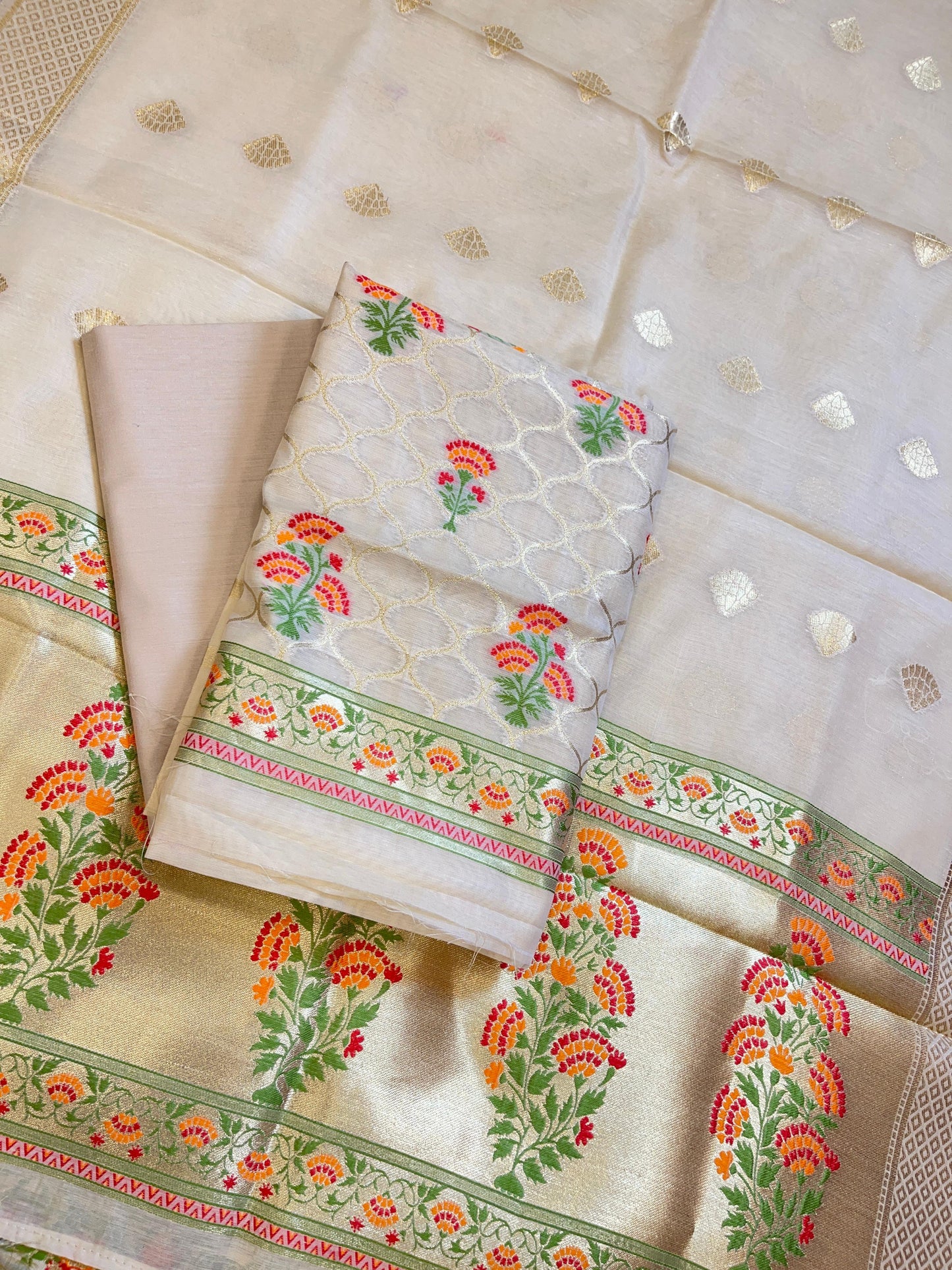 Cream Jamdani Weave Cotton Banarasi 3 pcs Suit Set 600SKL_JM2