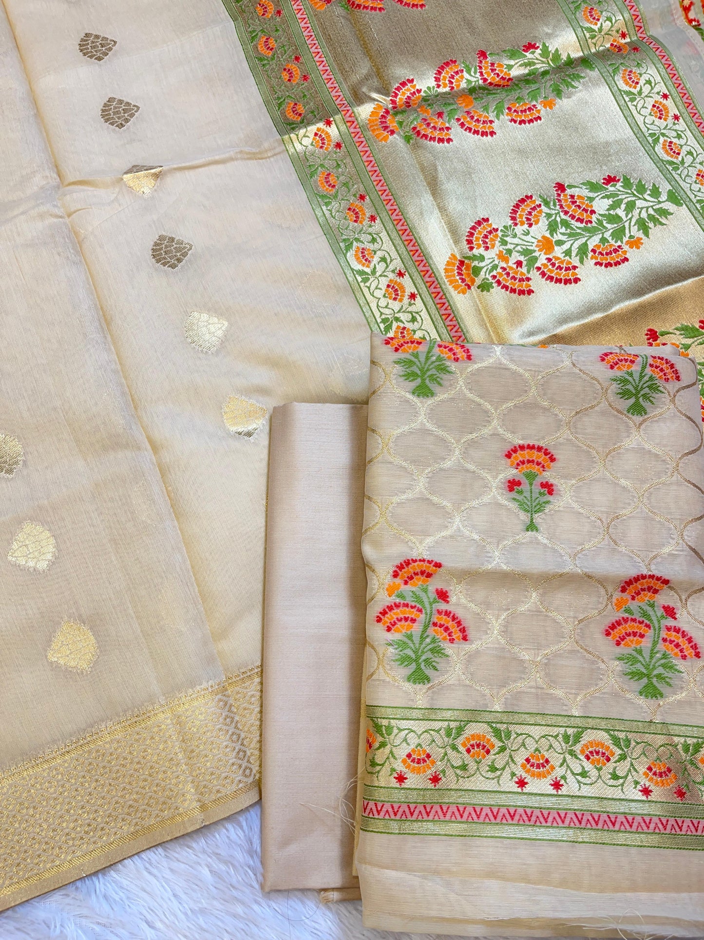 Cream Jamdani Weave Cotton Banarasi 3 pcs Suit Set 600SKL_JM2