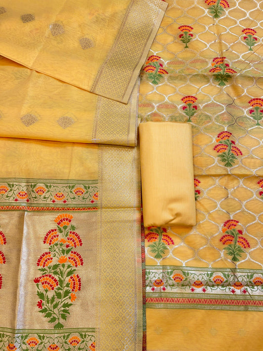 Yellow Jamdani Weave Cotton Banarasi 3 pcs Suit Set 600SKL_JM3