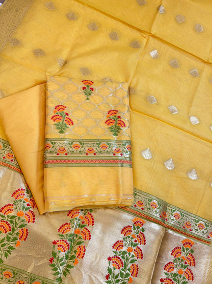 Yellow Jamdani Weave Cotton Banarasi 3 pcs Suit Set 600SKL_JM3