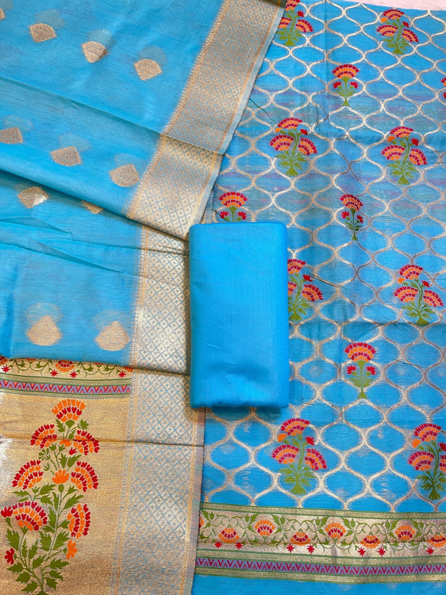 Blue Jamdani Weave Cotton Banarasi 3 pcs Suit Set 600SKL_JM4