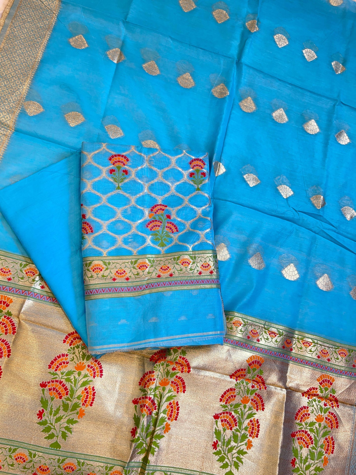 Blue Jamdani Weave Cotton Banarasi 3 pcs Suit Set 600SKL_JM4