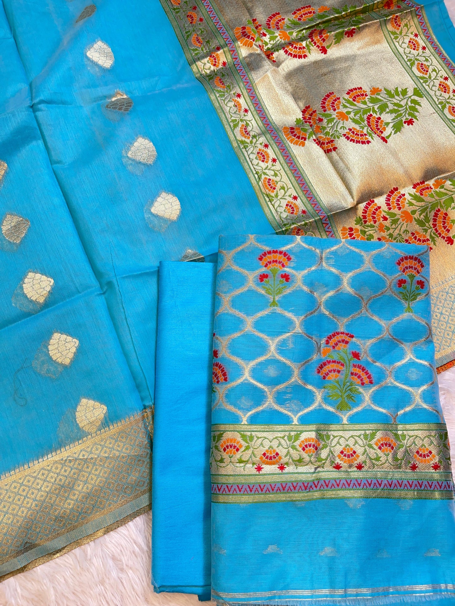 Blue Jamdani Weave Cotton Banarasi 3 pcs Suit Set 600SKL_JM4