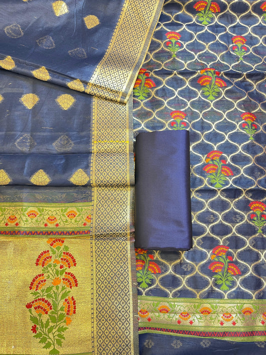Navy Blue Jamdani Weave Cotton Banarasi 3 pcs Suit Set 600SKL_JM5